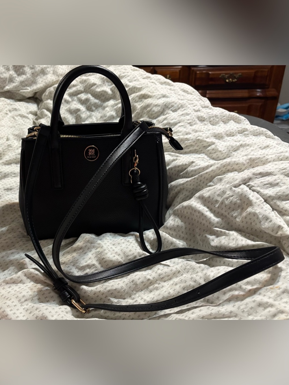 Black NINE WEST Leather Satchel with Top Handle and Detachable Strap